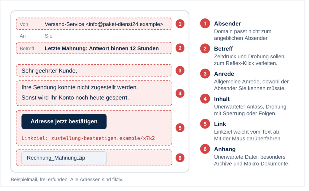 Beispiel einer Phishing-Mail mit sechs markierten Warnsignalen: auffällige Absenderadresse, Zeitdruck im Betreff, allgemeine Anrede, Drohung im Text, abweichendes Linkziel und unerwarteter Anhang.