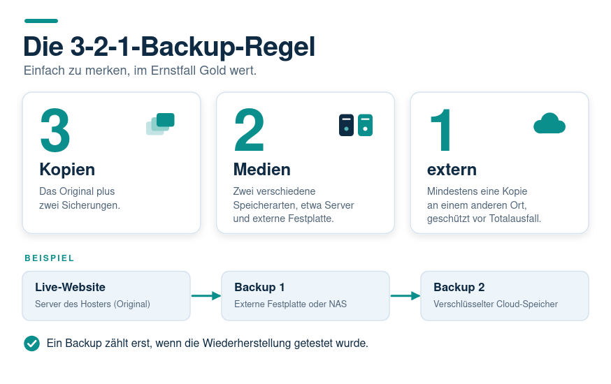 Drei Karten zur 3-2-1-Regel mit Beispielablauf von der Live-Website über eine externe Festplatte zum verschlüsselten Cloud-Speicher