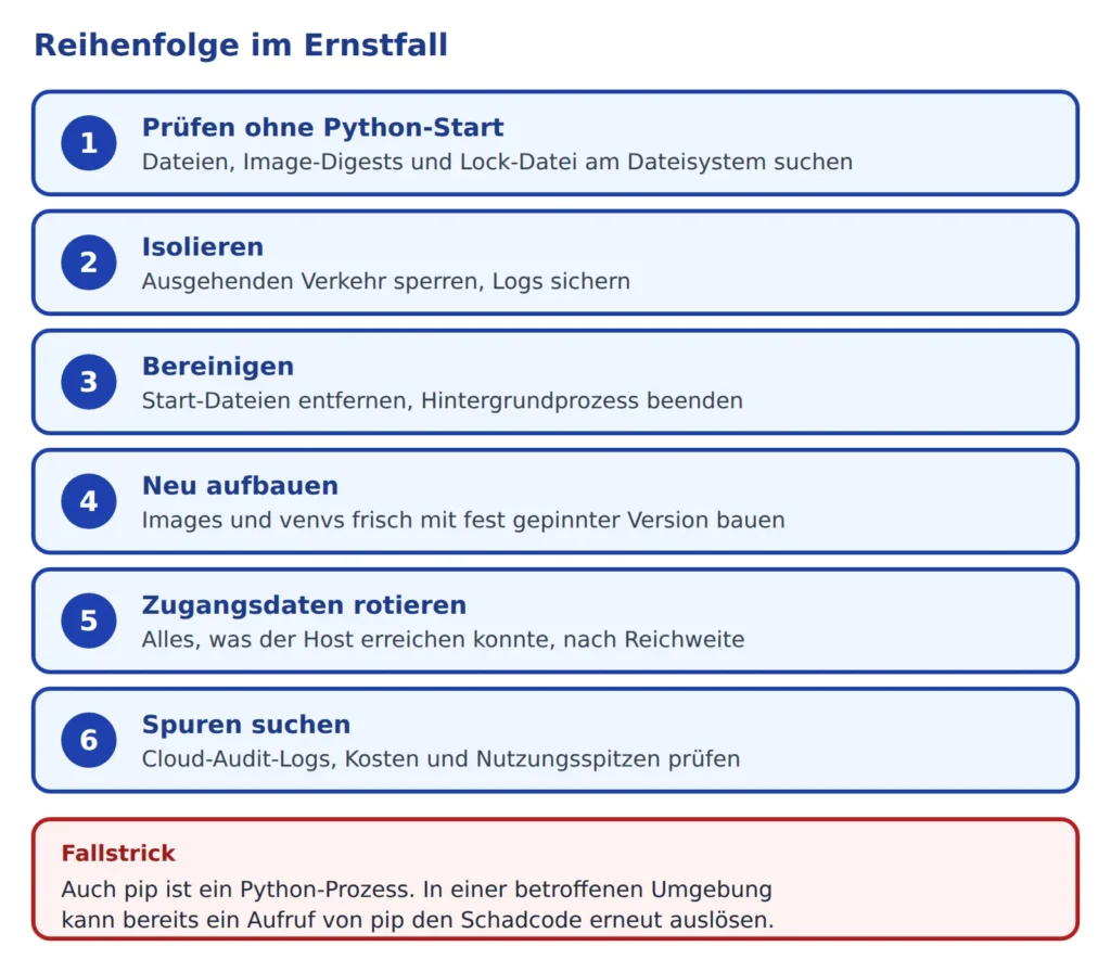 Sechs Schritte im Ernstfall von der Prüfung ohne Python-Start bis zur Spurensuche mit Warnhinweis zu pip